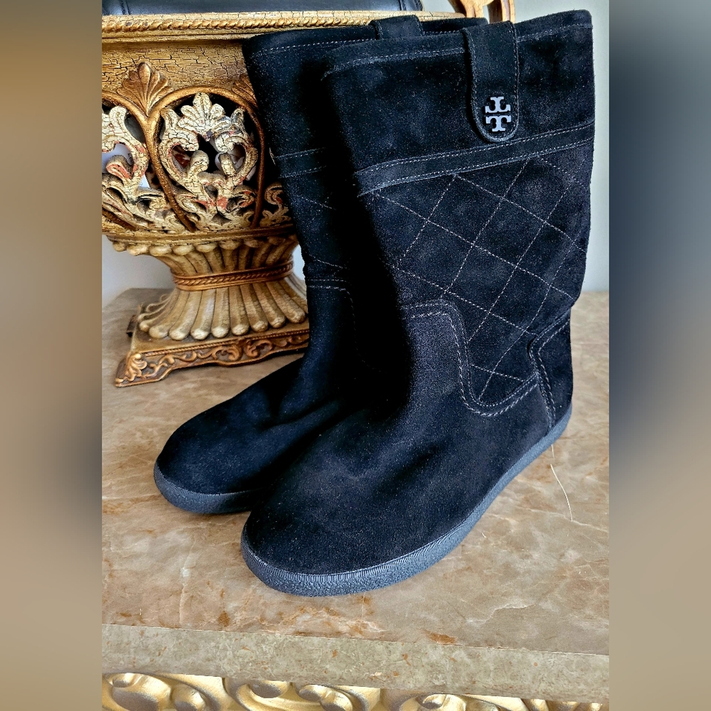 $325 Tory Burch Alana Genuine Suede Shearling Boots Split Pull On Black US6 - Picture 12 of 16